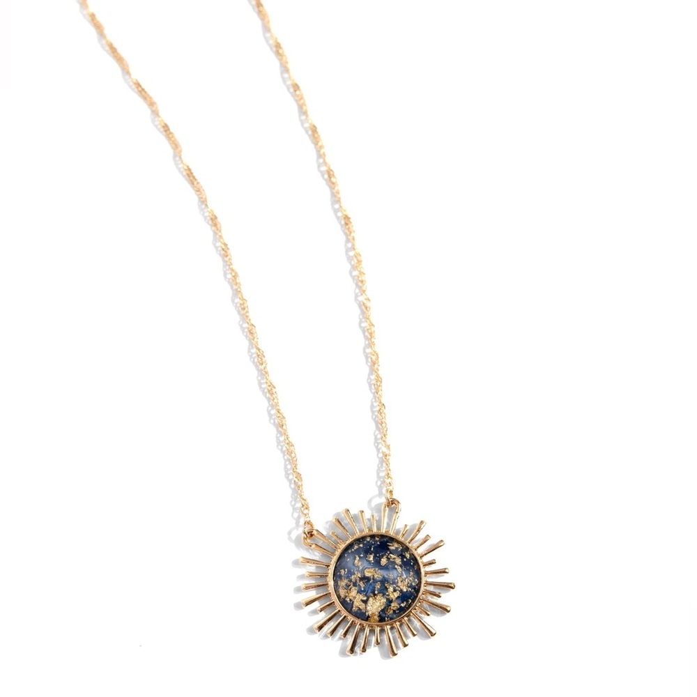 Gold and Blue Sunburst Pendant Necklace